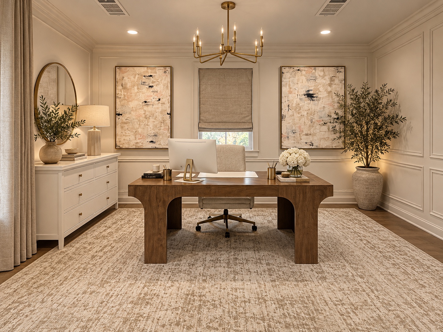 Elegant neutral office with a warm wood desk, cream chair, brass lighting, and framed abstract artwork